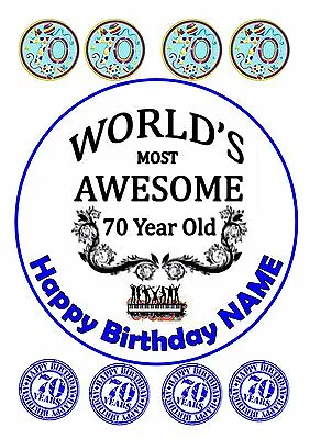 70th BIRTHDAY MALE CAKE TOPPER ROUND EDIBLE ICED/ ICING 7.5  + 8 CUPCAKE TOPPERS • £4.25