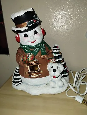 Vintage 1970s Christmas Ceramic Frosty Snowman & Dog Light Up Tree Figurine • $129.95