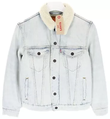 LEVI's Jacket Men's XS Trucker Denim Sherpa Snap Buttons Pockets Light Blue • $233.35