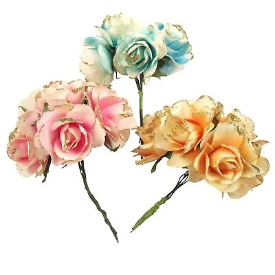 2x Bunches Of 6 Paper Glitter Edge Roses - Fake Flowers Crafts Xmas Scrapbook • £3.29