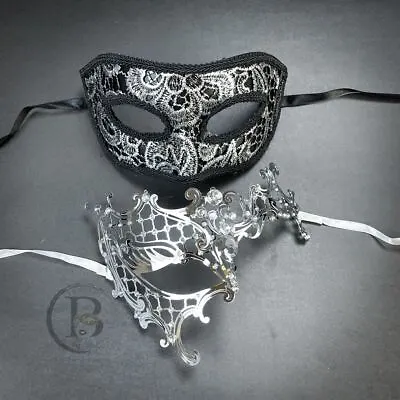 Couple's Halloween Lace Masquerade Masks Cosplay Props Roman Venetian Silver • $39.95