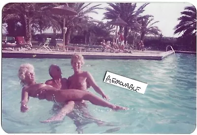 Vintage Photograph Lucky Guy Frolicking Two Topless Ladies Swimming Pool 1980's • $5.05