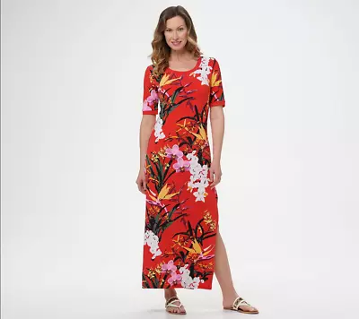 G.I.L.I. Short-Sleeve Side Slit Maxi Dress-Red Tropical-Small A304668 NEW • $16.99