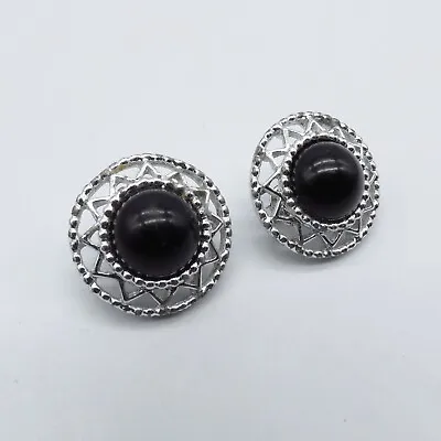 Sarah Coventry Vintage Clip On Earrings 1  Black Cabochon Silver Tone Openwork * • $10.39