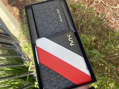 MICHAEL KORS MENS GIFTING Dark Sangria MK Wallet BILLFOLD 3 IN 1 BOX SET • $59