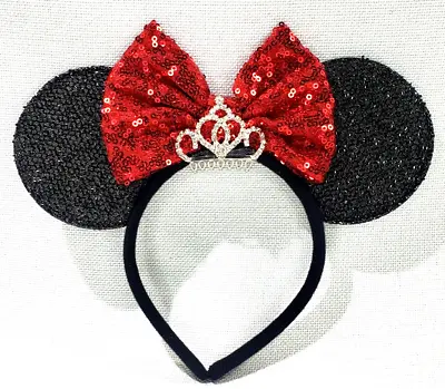 Disney Parks Mini Mouse Ears Sequined Headband Red Sequined Bow Rhinestone Crown • $28.33