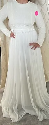 Elegant Long Sleeve  Wedding Dress High Neck Soft  Lace Bodice  Fits Size 10-12 • $175