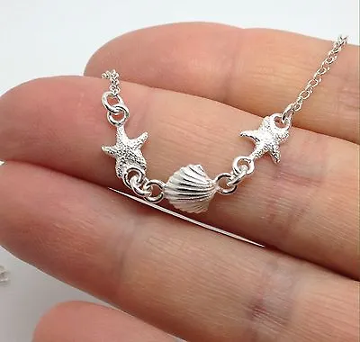 Seashell Seaside Starfish Necklace Solid Sterling Silver Pendant. Gift Box. • £31.99