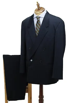 VTG 90s Gianni Versace Navy Windowpane Double Breasted Pleated Suit EU 56 ITALY • $149.99