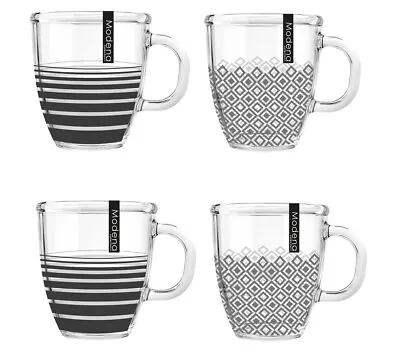 Set Of 4 12oz Grey Patterened Glass Drinking Mugs Hot Chocolate Mocha Latte Cup • £10.99