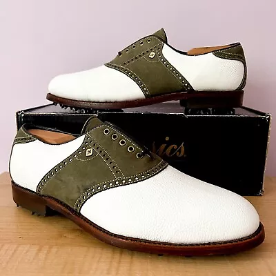 NEW Vintage FootJoy Classics White Leather / Olive Saddle Golf Shoes Men's 11D • $395