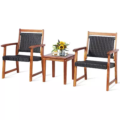 Patiojoy Patio 3PCS Rattan Bistro Set Acacia Wood Frame Armrest Chairs Garden • $139.95