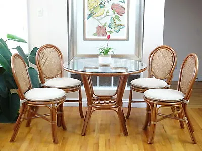 Denver Dining Set Of 4 Rattan Side Chairs And Round Table With Glass Colonial • $1507.50