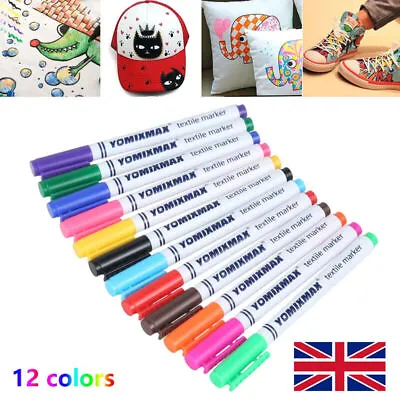 12x Fabric Marker Pens Set. Permanent On Clothing Textiles Dye T-Shirt Shoes Etc • £4.76