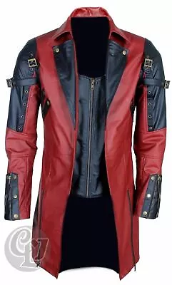 Mens Real Leather Goth Matrix Trench Coat Steampunk Gothic Black Red - Xs - 3xl • $136.31