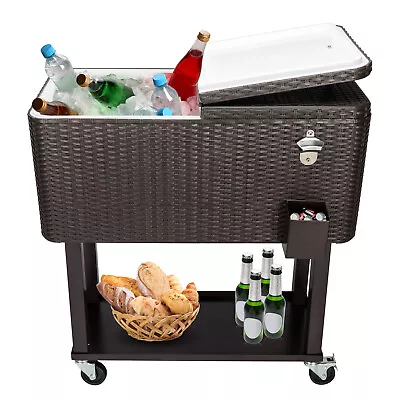 Rattan 80QT Party Patio Rolling Cooler Cart Ice Beer Beverage Chest • $154.99