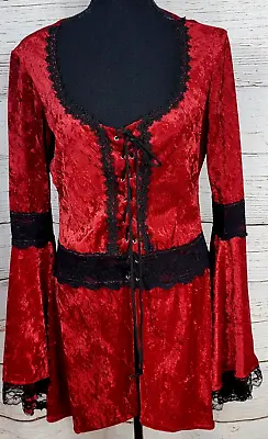Lip Service Vtg Medieval Dark Red Crushed Velvet Lace Tunic Top Goth Size L • $90