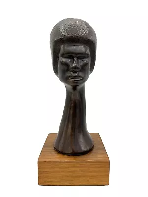 Mid-Century Bronze Head Sculpture Of Woman's Head On Wooden Base Signed 10.5 H • $225