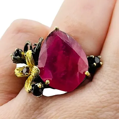 Blackened Sterling Silver Ruby Garnet Floral Flower Ring Size 9.75 Statement 925 • $48