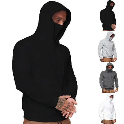 Men Long Sleeve Hoodie Pullover Casual Sweatshirt Hooded Tops With Face Masks ☆ • £19.08