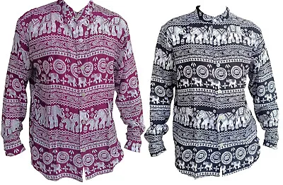 Elephant Print Collarless Grandad Men's Shirt Kurta Full Sleeve Indian Style • £15.99