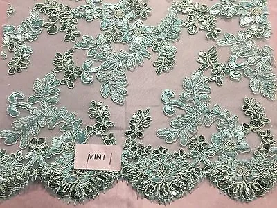 Mint Corded Flowers Embroider With Sequins On Mesh Lace Fabric-yard • $29.99
