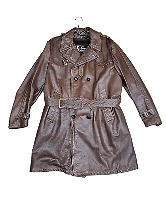 Rare Vintage Cooper Brown Leather Motorcycle Jacket  Spy Trench Coat Size 42 • $264.99