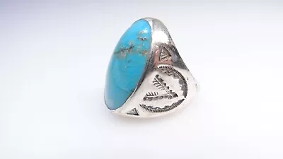 Vintage Navajo Signed Large Turquoise Ring W Designs Size 9 • $120