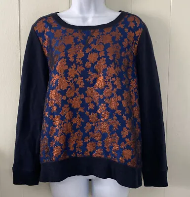 J Crew Navy Blue & Bronze Metallic Floral Pullover Sweatshirt Women’s Size M • $25