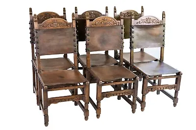 Set Of Six Vintage Hand Carved Oak And Leather Spanish Dining Chairs • $4000