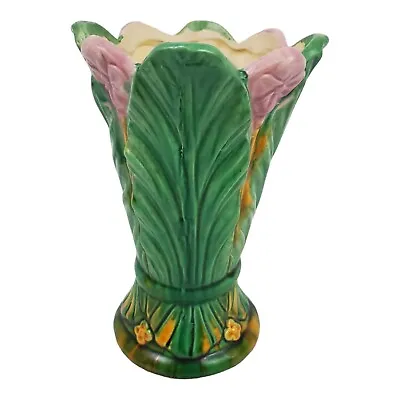 Vintage Art Nouveau Majolica Vase 1940's Pottery Banana Leaves Floral • $44