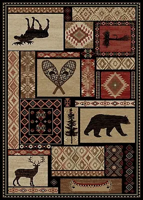 Patchwork Area Rug Runner Lodge Cabin Deer Buck Moose Snowshoe Black Matching • $49