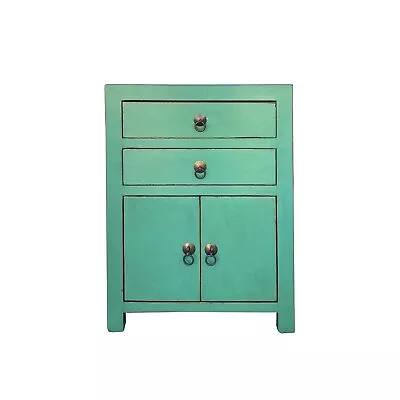 Chinese Distressed Turquoise Green 2 Drawers End Table Nightstand Cs7420 • $643.50