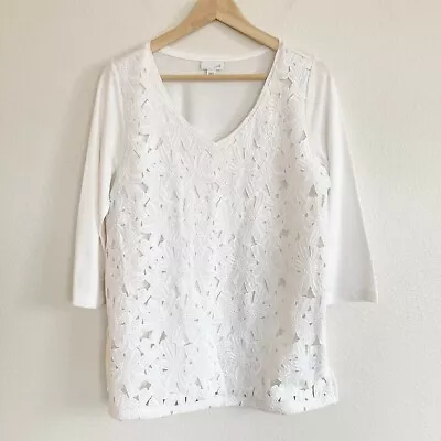J Jill Floral Embroidered Overlay Shirt Top White 3/4 Sleeve V-Neck Womens S  • $14