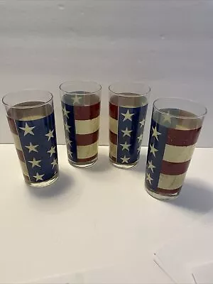 (4) Sakura Warren Kimble COLONIAL Rustic Flag 12 Oz Highball Glasses/Tumblers • $25