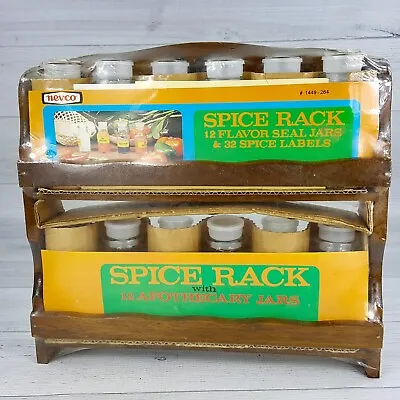 Vintage Nevco Wood 12 Jar Spice Rack Glass Apothecary Jars W/ Spice Labels NEW • $34.99