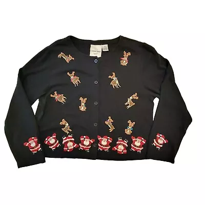 Michael Simon Medium Christmas Cardigan Reindeer Santa Bead Embroidered Sweater • $135