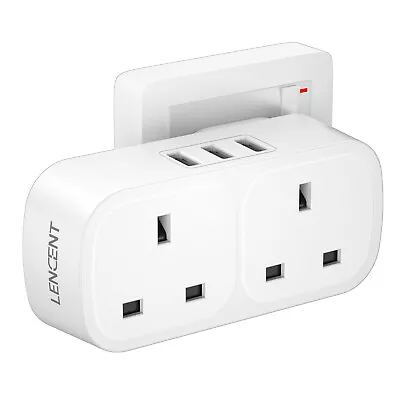 LENCENT Double Plug Adapter Multi Plug Extension 2 Way Wall Charger With 3 USB • £14.99