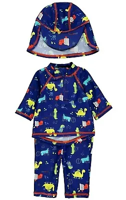Baby Boys 3pc Dinosaur UPF40+ UV Sunsuit & UPF50+ Sun Hat Sunsafe Swimsuit Set • £13.99