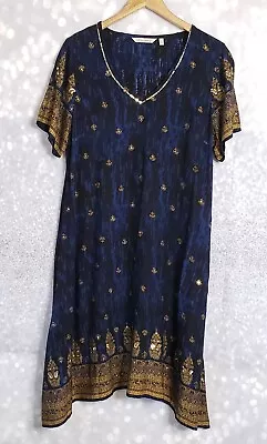 Soft Surroundings Moroccan Sequin Print V Neck Dress Pockets Sz M Blue And Gold • $38.99