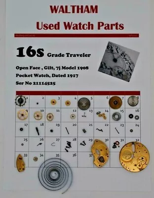 £7.99 • Buy Waltham Used Watch Parts 16 / 16s  Model 1908, Traveller Ser No 21114525, WP2/27