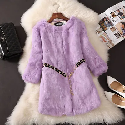 Korean Faux Rex Rabbit Fur Coat Women Long Slim Furry Coat Jackets Crew Neck • $117.95