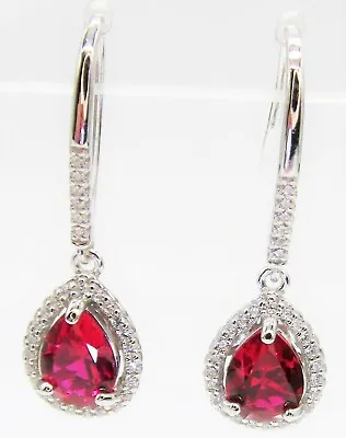 £24.94 • Buy Silver Ruby Earrings Hook Drop Pear Diamond Cluster  925 Sterling Silver