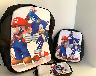 Super Mario & Sonic School Backpack 16   With Launch Bag  Pencils Case Set Of 3 • $18.93