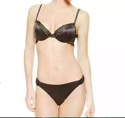 NWT La Perla Black Satin Glimmering Soutache 36C / L Bra Panty Set Beaded $832 • $275