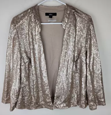 Ellos Open Front Cardigan Women's Sz 12 Sequin Lined Beige 3/4 Sleeves Stretch • £19.31