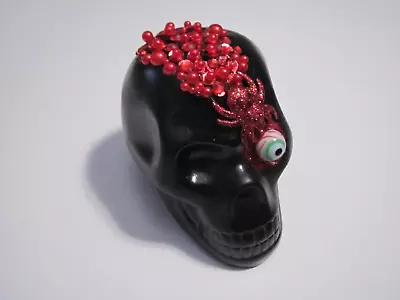 Hand Decorated Black Ceramic Skull W/ Bloodshot Eye Spider And Red Bead/sequin • $8.99