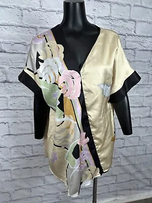 Yolande Satin Blouse Floral Short Sleeve V-Neck Vintage 80's Women's Size XL • $33.58
