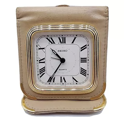 Vintage Seiko Quartz Travel Clock With Leather Cover Gold Tone • $26.98