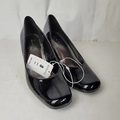 NEW - Women's 8 - MERONA Addie Black Round Toe Shiny Pumps - Thin 3in Heels • $9.99